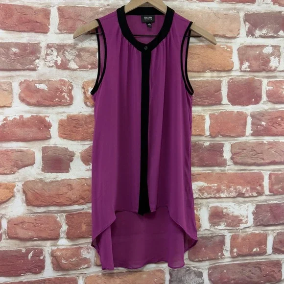 Nicole Miller Top Womens Small Purple Pink Black High Low Sleeveless Sheer Shirt - Picture 2 of 8